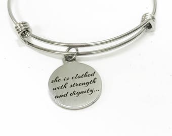 She Is Clothed With Strength And Dignity Expanding Bangle Charm Bracelet, Scripture Stacking Bracelet, Proverbs 31 25 Bible Verse Jewelry