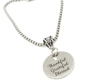 Thankful Grateful Blessed Charm Bracelet Wife Gift Daughter Gift For Her Customizable Length Thankful For You Mom Gift Birthday Graduation