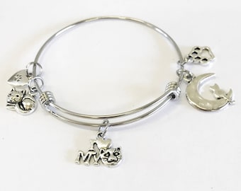 Cat Mom Gift, Cat Jewelry, Cat Mom Expandable Bangle Charm Bracelet, I Love My Cat, Cat Jewelry, Cat Charm Bracelet, Cat Lover Jewelry