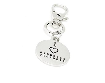 I Love CS Clip On Charm, Binary Code, Computer Science, College Student, New Job, Programming, Developer, Bag Charm, Backpack Charm