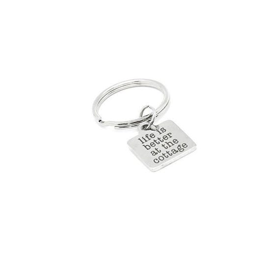 Life Is Better At The Cottage Stainless Steel Keychain, Cabin Lake House Gift Nature Lover Outdoors Accessory Square 19mm Charm