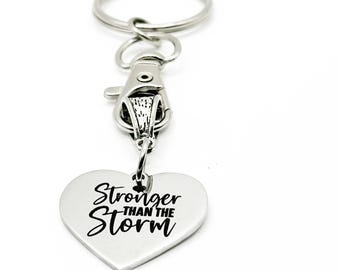 Stronger Than The Storm Keychain Stainless Steel Engraved Heart Charm Inspirational Gift For Women Men Strength Quote Key Ring