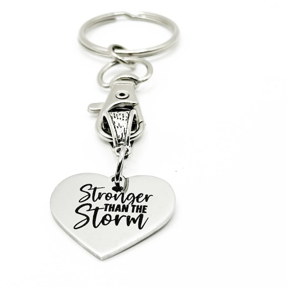 Stronger Than The Storm Keychain Stainless Steel Engraved Heart Charm Inspirational Gift For Women Men Strength Quote Key Ring