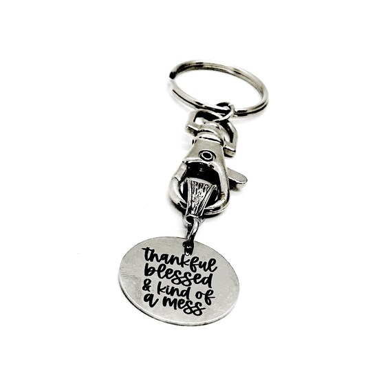 Thankful Blessed And Kind Of A Mess Charm Keychain, Friend Group Gifts, Bible Study Gifts, Wife, Friend, Necklace Pendant Charm,  Me Gift