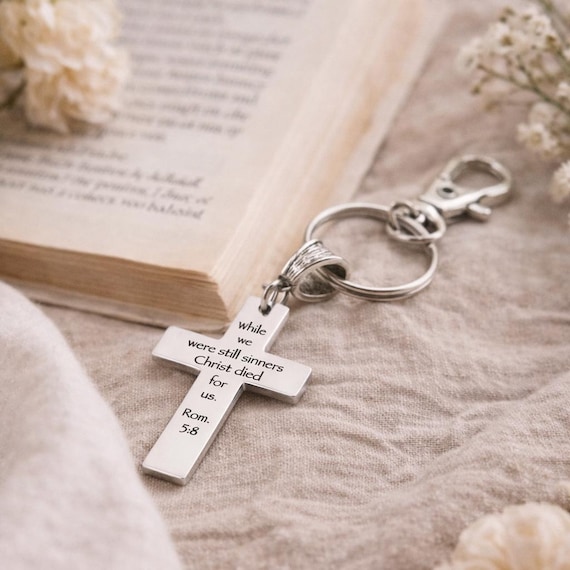 Christ Died For Us Romans 5 8 Charm Keychain Stainless Steel Christian Gift Scripture Cross