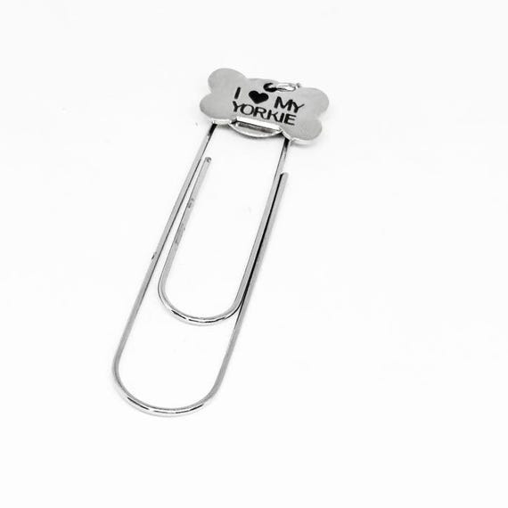 I Love My Yorkie Paperclip Bookmark Stainless Steel Engraved Dog Bone Charm
