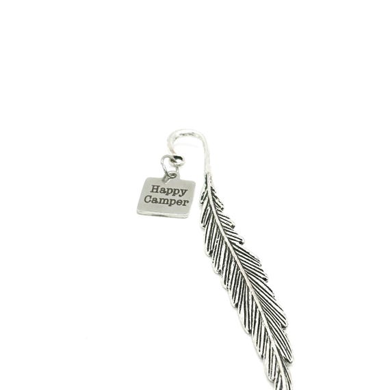 Happy Camper Charm Bookmark, Daughter Gift, Reader Gift, Book Accessories, Hook Bookmark, Feather Stem, Camping and Reading, Wife , Husband