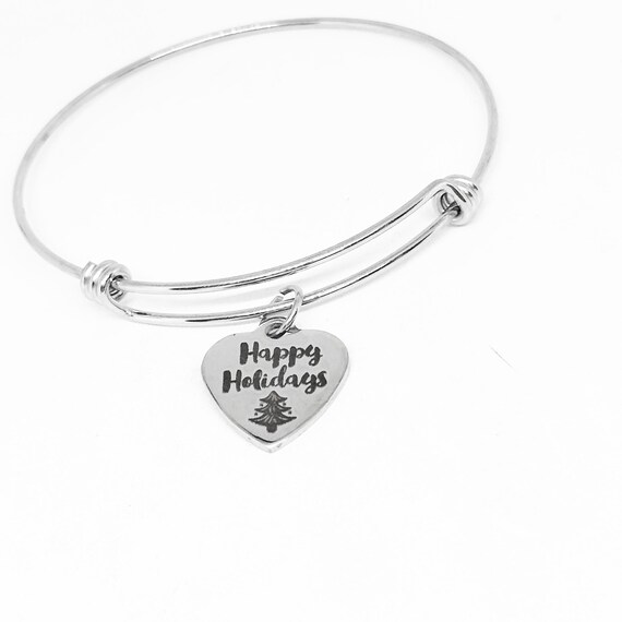 Happy Holidays Stainless Steel Bracelet, Adjustable Bangle Christmas Charm Jewelry Festive Gift for Her Holiday Spirit Winter Accessory