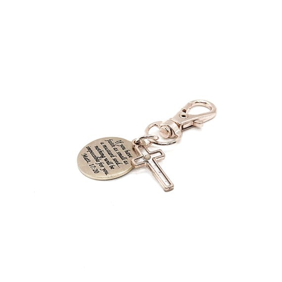Mustard Seed Rose Goldtone Cross Clip On Charm, Matthew 17 20 Verse Charm, Purse Charm, Key Chain Charm, Christian Faith Scripture Gifts,