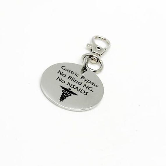 Gastric Bypass Large Charm Zipper Pull, Medical ID Tag, No Blind NG, No NSAIDS, Medical Condition, Gastric Bypass Medical Awareness