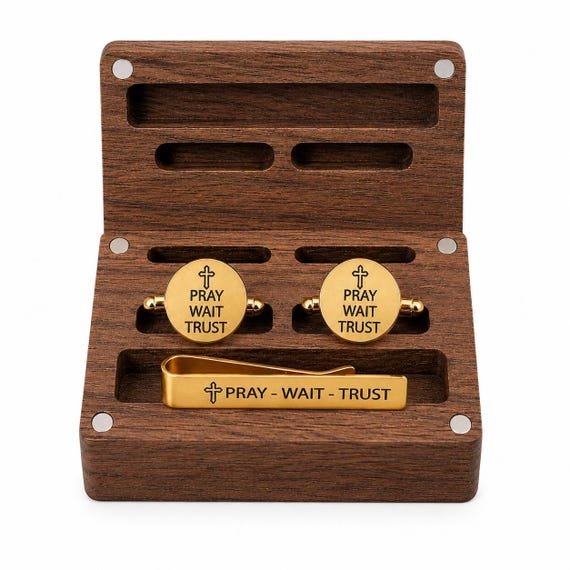 Pray Wait Trust Goldtone Tie Clip and Cuff Links