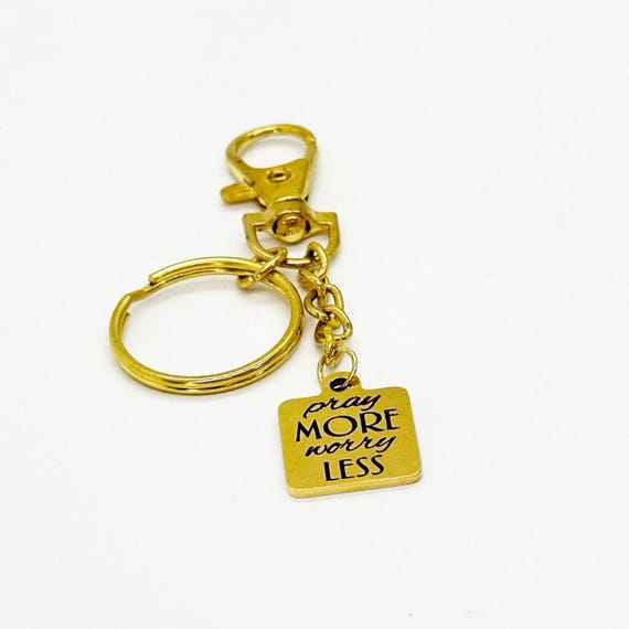 Pray More Worry Less Clip On Keychain Faith Gift Christian Gold Stainless Steel Engraved Charm Inspirational Religious