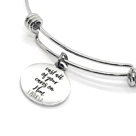 Christian Charm, Cast All Of Your Cares On Him Bracelet, Christian Jewelry, Christian Gift, Bible Verse Charm, 1 Peter 5 7 Scripture Charm