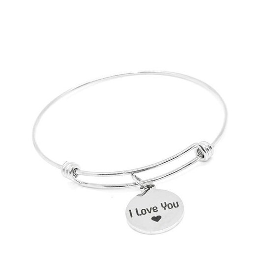I Love You Stainless Steel Adjustable Bangle Bracelet With Heart Charm Romantic Jewelry Gift For Her Anniversary Valentines Day