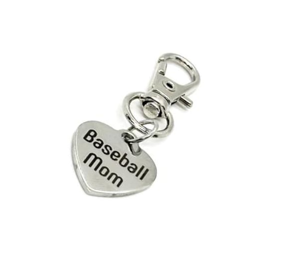 Baseball Mom Stainless Steel Clip On Charm Heart Engraved Sports Mom Bag Charm Keychain Gift