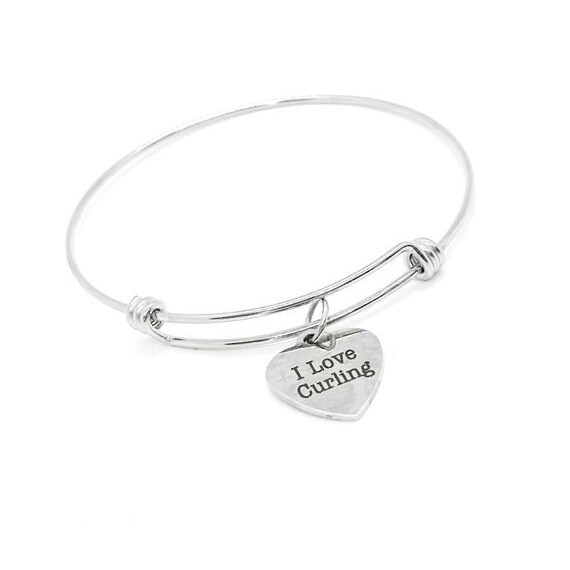 I Love Curling Stainless Steel Adjustable Bangle Bracelet With Heart Charm Sports Jewelry Gift For Curling Player Or Fan