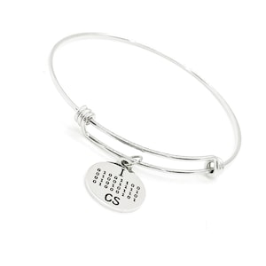 May include: Silver expandable bangle bracelet with a charm that reads "I  CS" and a binary code for the word "love".