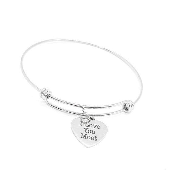I Love You Most Stainless Steel Adjustable Bangle Bracelet With Heart Charm Romantic Jewelry Gift For Her Anniversary Valentines Day