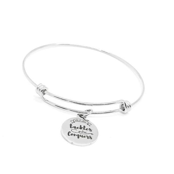 What She Tackles She Conquers Stainless Steel Bracelet 19mm Charm Adjustable Bangle Motivational Jewelry Inspirational Gift For Women