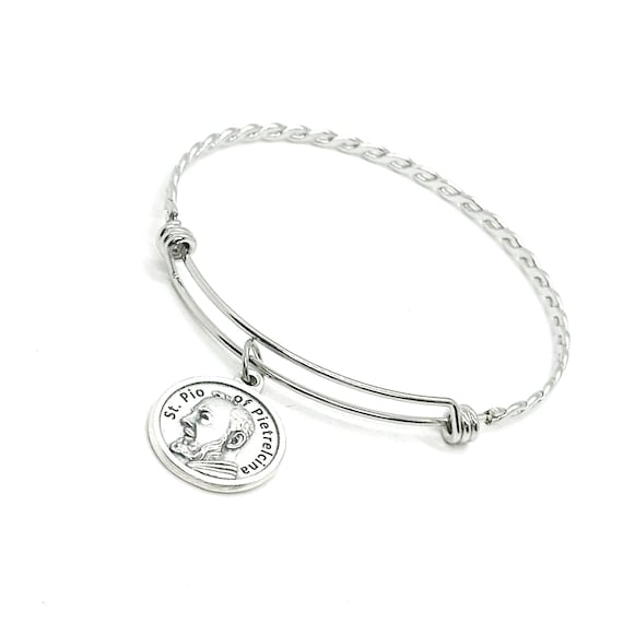 Saint Pio of Pietrelcina Charm Bangle Bracelet, Patron Saint of Civil Defense, Volunteers, Adolescents, Stress Relief, January Blues