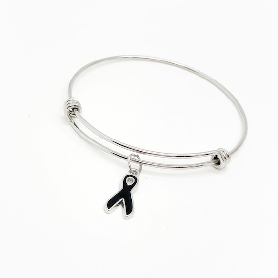 Black Ribbon Charm Bangle Bracelet, Awareness Gifts, Melanoma, Sleep Disorders Awareness Charm, Gift For Her, Wife, Daughter, Skin Cancer