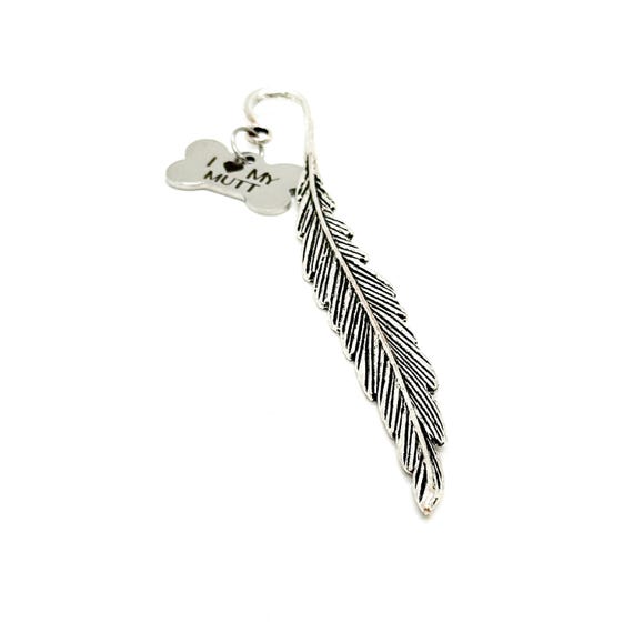 I Love My Mutt Charm Feather Stem Bookmark, Dog Lover Gift, Dog Rescue, Dog Adoption, Gift For Her, Gift For Him, Reader Gift, Hook Bookmark