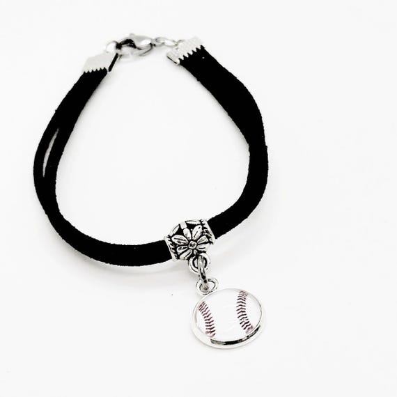 Baseball Cabochon Charm Black Faux Suede Bracelet, Baseball Mom, Baseball Girlfriend, Team Mom, Coach’s Wife, Gift For Her