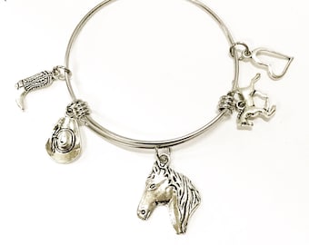 Horse Lover Cowgirl Equestrian Stackable Expandable Bangle Charm Bracelet Gift For Her, Cowgirl Jewelry, Horse Lover, Southwestern Style