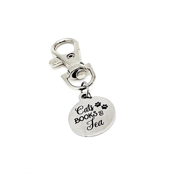 Cats Books and Tea Clip On Charm, Cat Lover Gift, Book Lover Gift, Tea Lover Gift, Wife Gift, Daughter Gift, Bag Charm, Keychain Charm