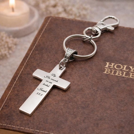 By His Wounds We Are Healed Isaiah 53 5 Cross Keychain Christian Scripture Faith Gift