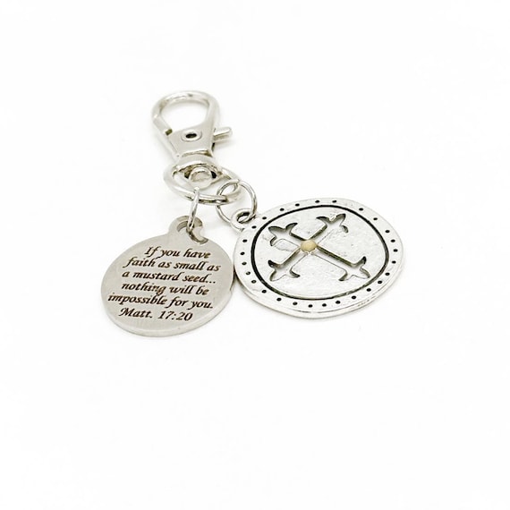 Mustard Seed Verse With Round Cross Clip On Charm, Matthew 17 20, Purse Charm, Keychain Charm, Christian Gifts, Scripture Gifts