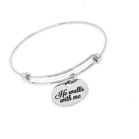 He Walks With Me Stainless Steel Bracelet, Adjustable Christian Faith Charm Bangle Religious Gift For Her Spiritual Encouragement Jewelry