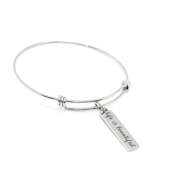 Life Is Beautiful Stainless Steel Bracelet Inspirational Jewelry Adjustable Bangle With Engraved Charm Positive Quote Gift For Women