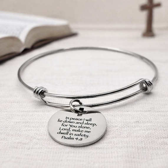 Psalm 4 8 Bracelet In Peace I Will Lie Down And Sleep Christian Scripture Expanding Bangle Faith Jewelry Gift