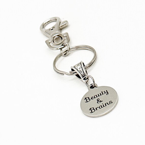 Beauty And Brains Charm Clip On Keychain, Daughter Gifts, Granddaughter Gifts, New Car, Pretty And Smart, Stocking Stuffer, Wife Gifts