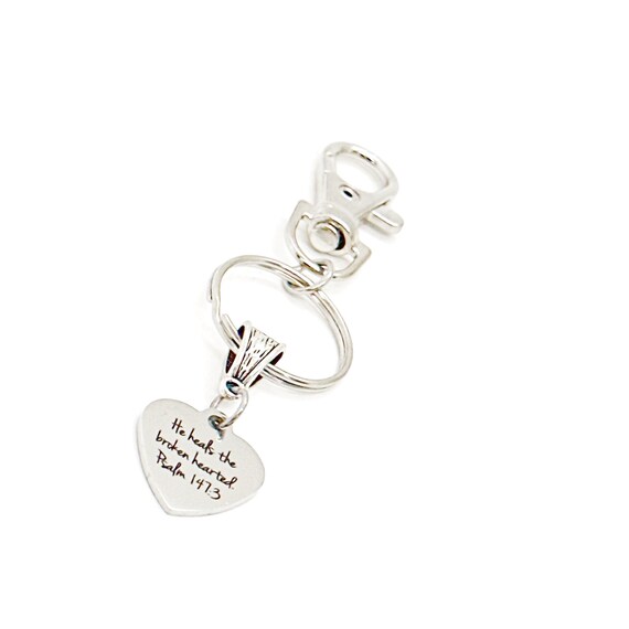He Heals The Broken Hearted Psalm 147 3 Charm Clip On Keychain, Faith Gift, Sympathy Gift, Loss Of Loved One, Scripture Gift, Bible Verse