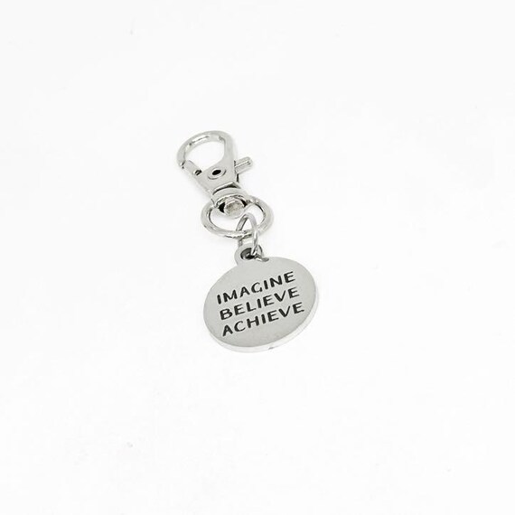 Imagine Believe Achieve Clip On Charm Stainless Steel Engraved Inspirational Keychain Motivational Gift