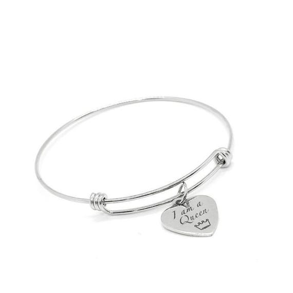 I Am A Queen Stainless Steel Heart Charm Bracelet Inspirational Jewelry Adjustable Bangle Gift For Women Empowerment Bracelet