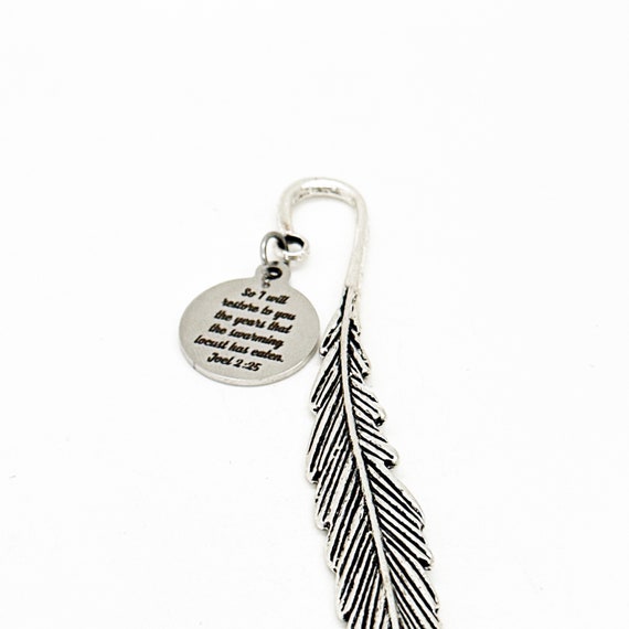God Will Restore The Lost Years Charm Feather Stem Bookmark, Joel 2 25, Bible Bookmark, Recovery Gift, Faith Gift, New Beginnings