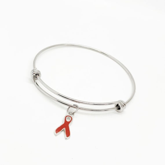 Red Ribbon Charm Bangle Bracelet, AIDS HIV Heart Disease Awareness Charm, Gift For Her, Wife Gift, Awareness Gift, Friend, Daughter, Mom