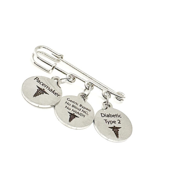 Medical Notification Pin, Medical Awareness Pin, Medical Charm Brooch, Three Charm Pin, Three Charm Brooch, Customizable Charm Brooch