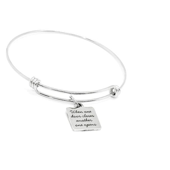 When One Door Closes Another One Opens Stainless Steel Inspirational Charm Bangle Bracelet Adjustable 19mm Square Pendant
