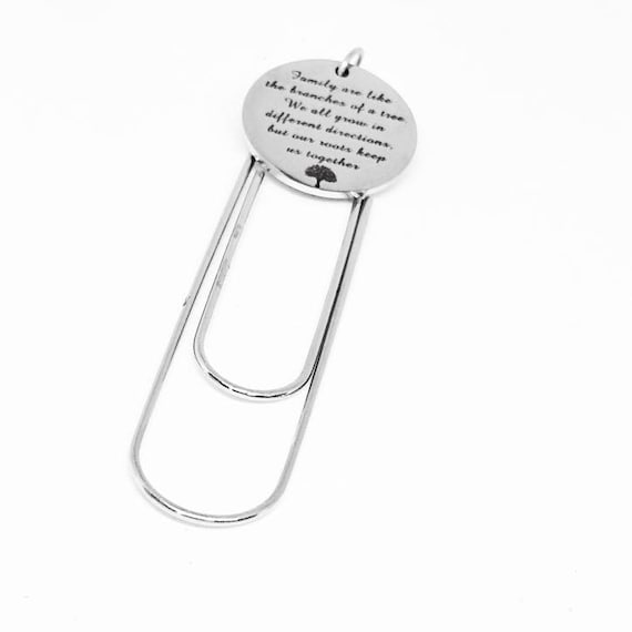 Family Tree Quote Stainless Steel Engraved Charm Paperclip Bookmark