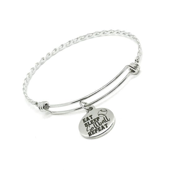 Eat Sleep Softball Repeat Charm Bracelet, Stacking Bangle, Wife Gift For Her, Softball Player, Softball Mom, Team Mom Gift, Daughter Gift