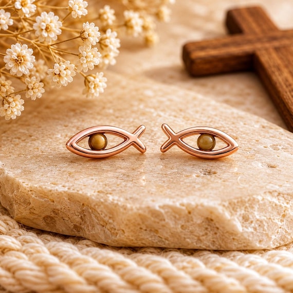 Petite Mustard Seed Rose Goldtone Fish Earrings