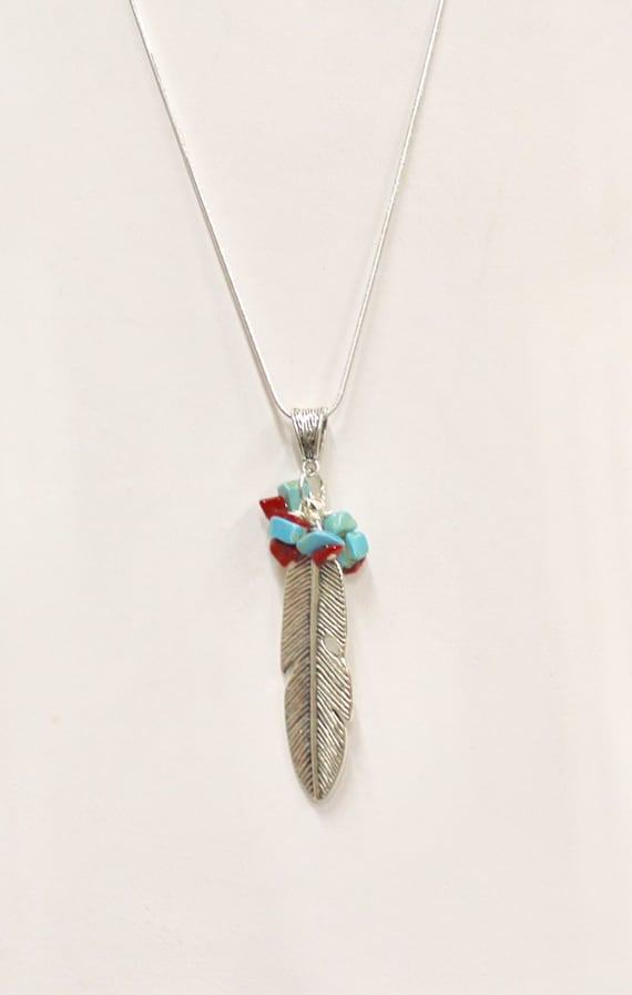 Silver Feather Turquoise and Red Pendant on Silver Chain, Southwestern Style, Gift For Her, Valentines Gift, Girlfriend Gift