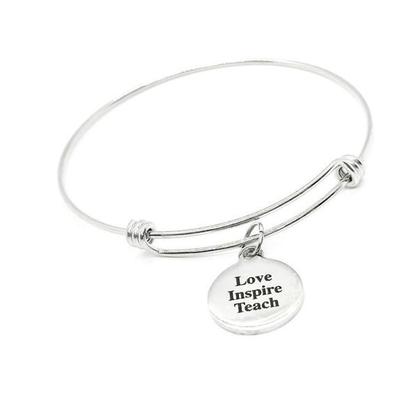 Love Inspire Teach Bracelet Stainless Steel Adjustable Bangle With 19mm Charm Teacher Appreciation Gift Inspirational Jewelry For Her