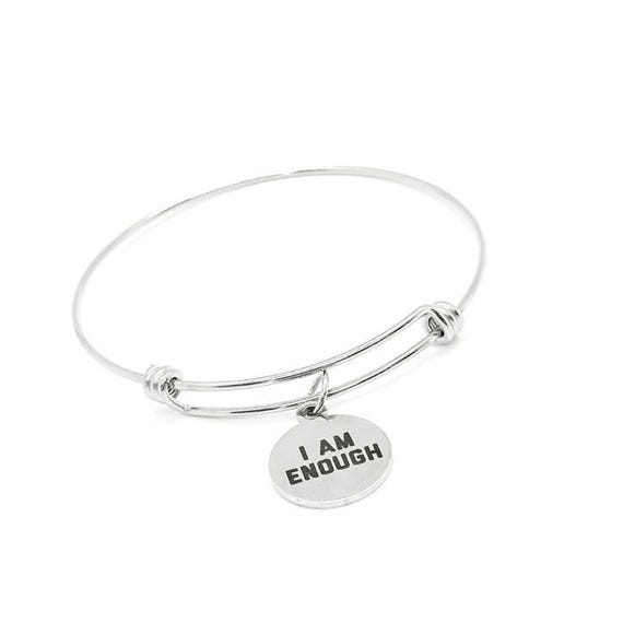 I Am Enough Bracelet Stainless Steel Adjustable Bangle With 19mm Round Charm, Inspirational Jewelry Self Love Gift For Her Affirmation