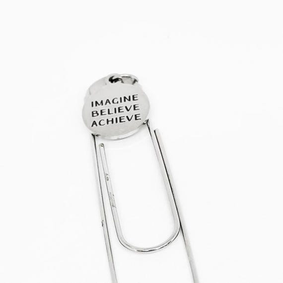 Imagine Believe Achieve Paperclip Bookmark  Engraved Charm Inspirational Gift