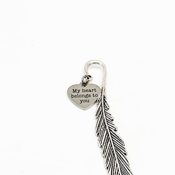 My Heart Belongs To You Charm Feather Stem Bookmark, Love Gift, Husband Gift, Anniversary Gift, Wedding Gift, Stocking Stuffer, Birthday